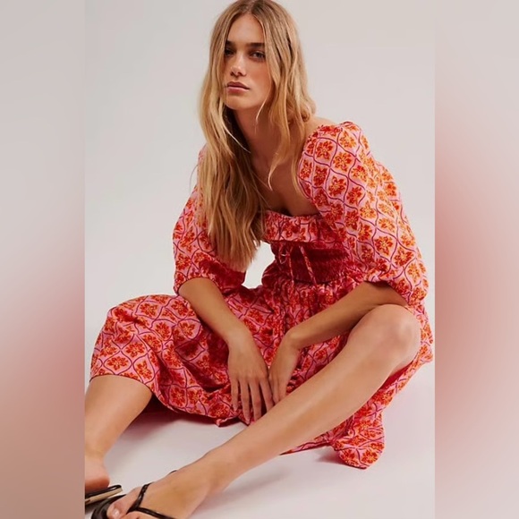NEW Free People Oasis Printed Smocked Ethereal Midi Dress Pink/Rose Women’s XS - Picture 3 of 16